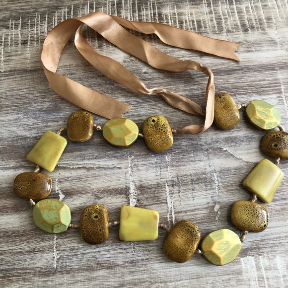 New Tan & Yellow Necklace with adjustable ribbon - Picture 5 of 16